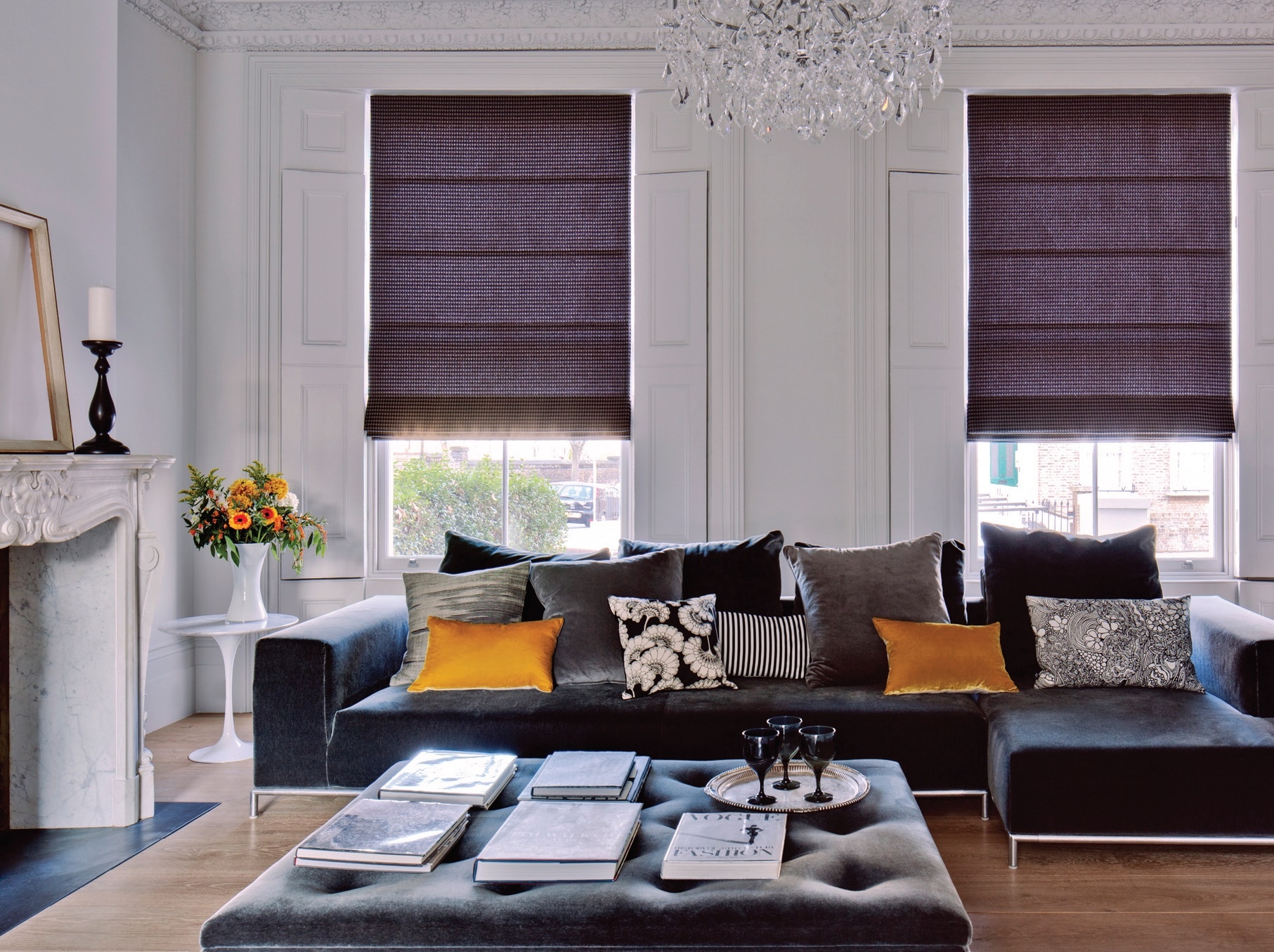 Purple fabric roman blinds for tall windows